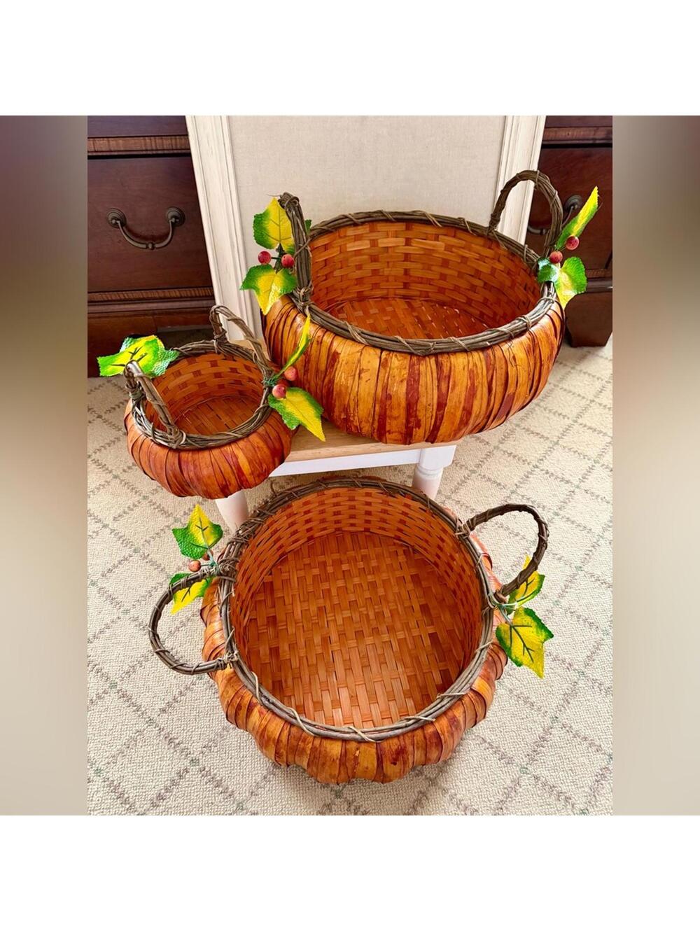 Fall inspired pumpkin shaped and themed woven baskets set of 3